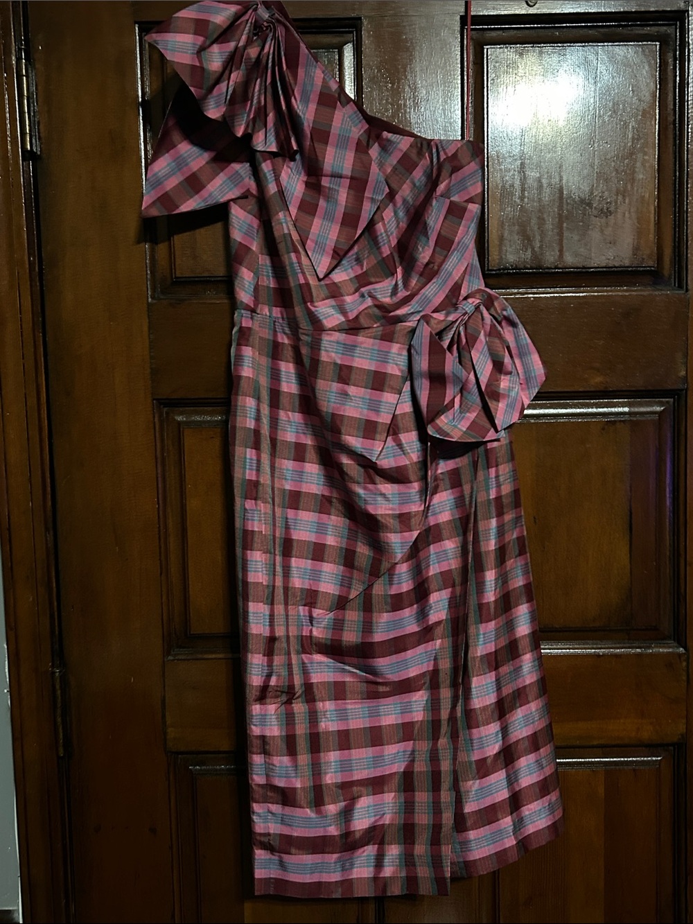 J. Crew One-Shoulder Plaid Dress in Pink and Burgundy